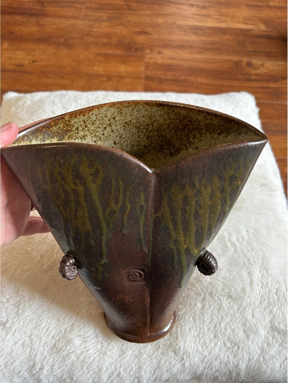 Vintage Brown Ceramic Vase with Green Drip Glaze and Decorative Handles
